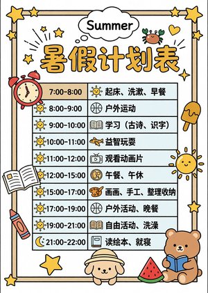 暑假计划表小报手抄报简单又漂亮，彩色卡通设计，适合低年级学生参考使用