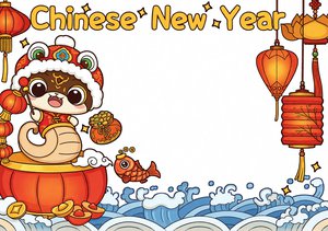 春节蛇年小报手抄报简单又漂亮，卡通手绘风格，适合小学生新年作业模板，红色喜...