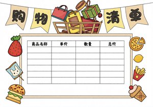 简单又漂亮购物清单数学手抄报，适合1-3年级学生，含商品单价数量计算，模板...