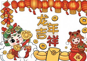 春节小报简单又漂亮龙年手抄报，卡通新年吉祥内容，适合中小学生制作