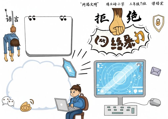 小学生网络安全手抄报模板：拒绝网络暴力，简单又漂亮，暑假安全教育必备
