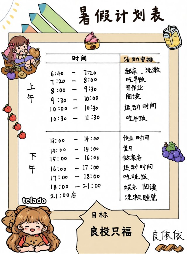 简单又漂亮的暑假计划表小报模板，适合一二三年级学生填写，让暑假生活更有序
