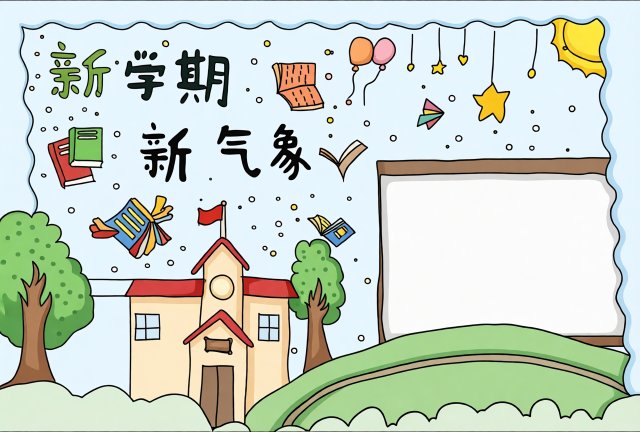 新学期新气象手抄报：开学季简单又漂亮的校园主题小报模板