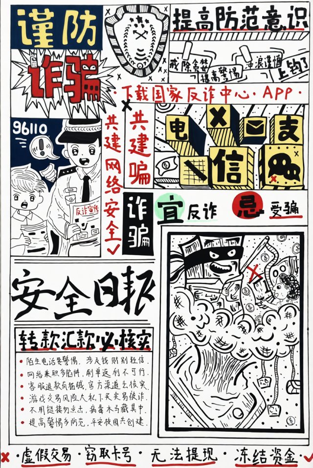 九年级暑假安全教育手抄报模板：简单又漂亮，含反诈知识与防范指南，适合校园宣传
