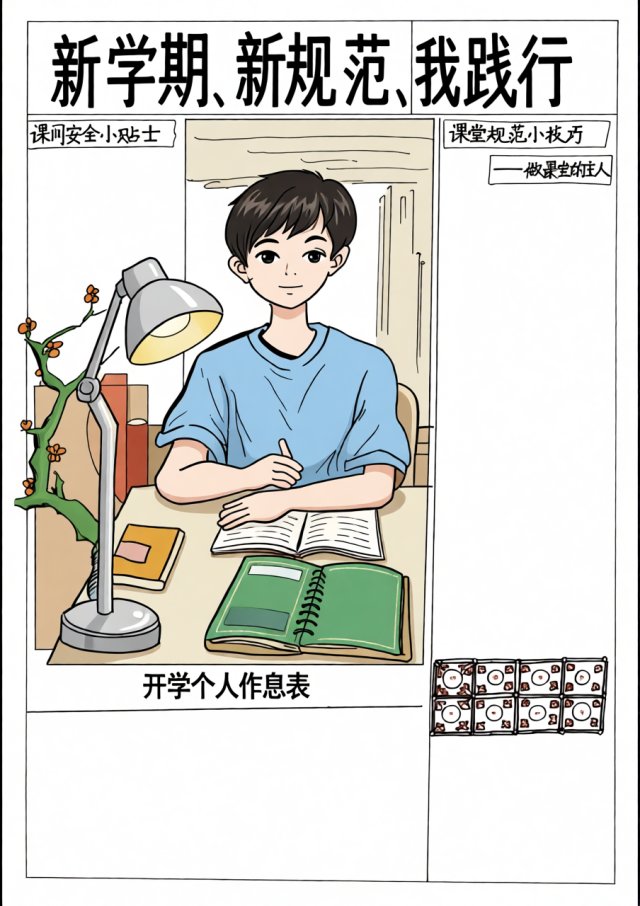新学期新规范我践行小报模板：简单又漂亮的七年级手抄报设计，包含课堂规范与作息表