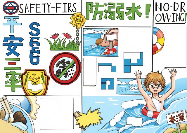 暑期防溺水手抄报简单又漂亮，平安三率主题小报模板，学生作品参考