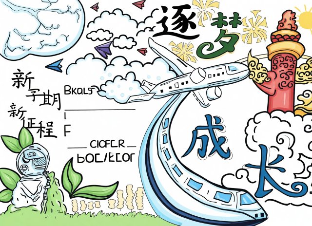初中新学期小报模板：逐梦成长开学手抄报，简单又漂亮的设计