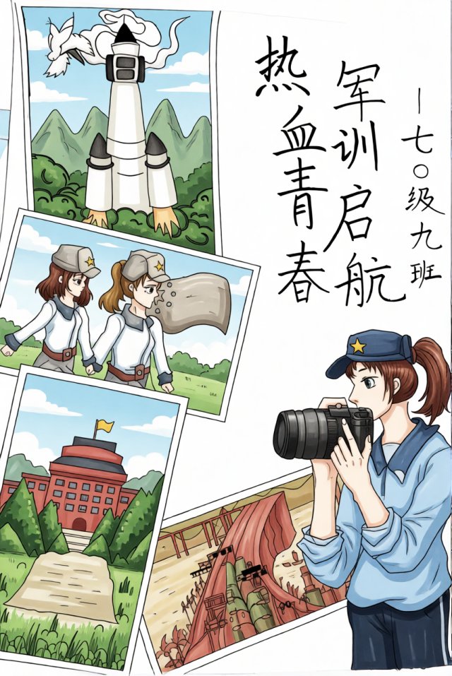 军训小报简单又漂亮模板，热血青春启航，七九年级开学手抄报设计图