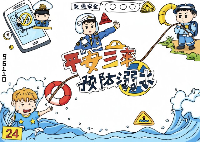 平安三率预防溺水小报：暑期交通安全手抄报简单又漂亮模板