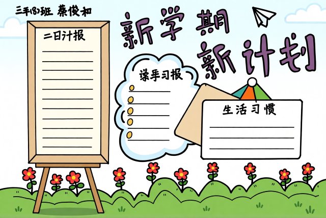 新学期新目标手抄报模板，开学季简单又漂亮，适合小学生二日计报与生活规划