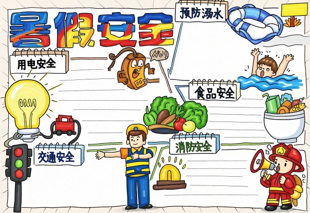 暑假安全手抄报简单又漂亮 | 防溺水用电交通安全主题模板