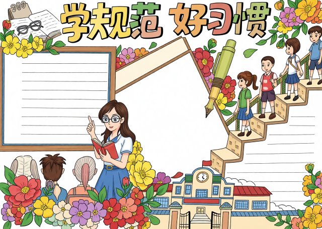 七年级新学期新规范手抄报简单又漂亮模板，学规范好习惯主题小报