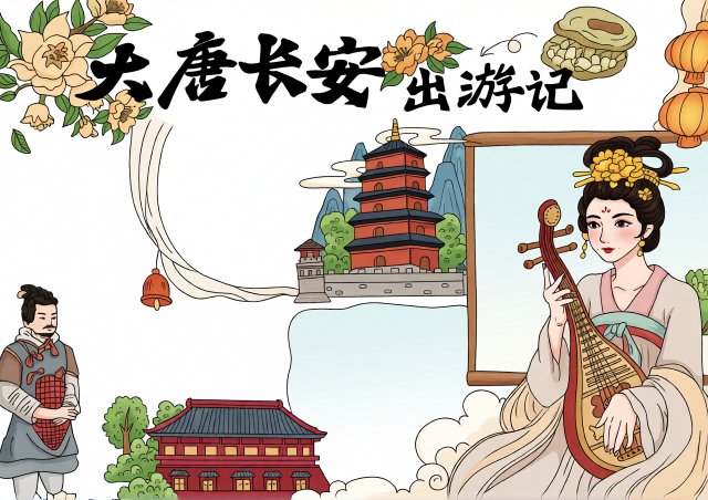 简单又漂亮的大唐长安出游记小报手抄报模板，适合暑假历史主题