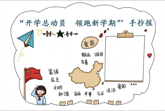 开学总动员领跑新学期手抄报简单又漂亮模板，开学手抄报内容素材，中小学开学主...