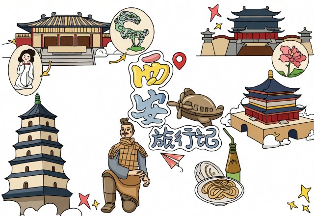 西安旅游手抄报简单又漂亮，暑假旅行记模板，包含兵马俑和大雁塔，适合中小学生