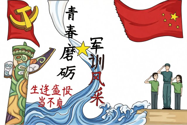 军训风采手抄报：新学期简单又漂亮设计，青春磨砺主题模板下载
