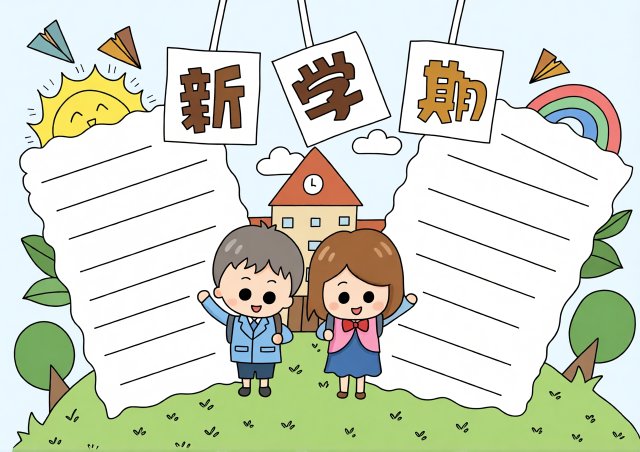 新学期开学手抄报简单又漂亮，开学季主题小报模板，学生新学期愿望规划
