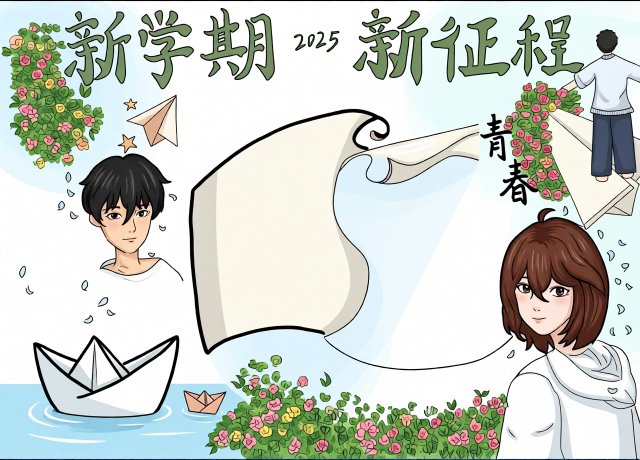 2025新学期新征程手抄报简单又漂亮，开学季青春青春帆起航主题小报模板