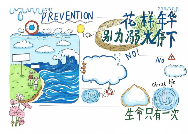 七年级防溺水小报模板：花样年华别为溺水停下，简单又漂亮的手抄报，珍爱生命预防溺水