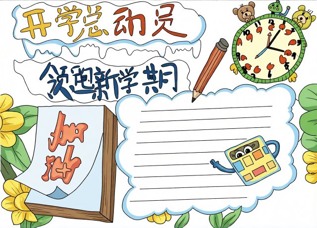 开学总动员手抄报简单又漂亮！新学期领跑主题小报模板，图文并茂设计图，学生易画