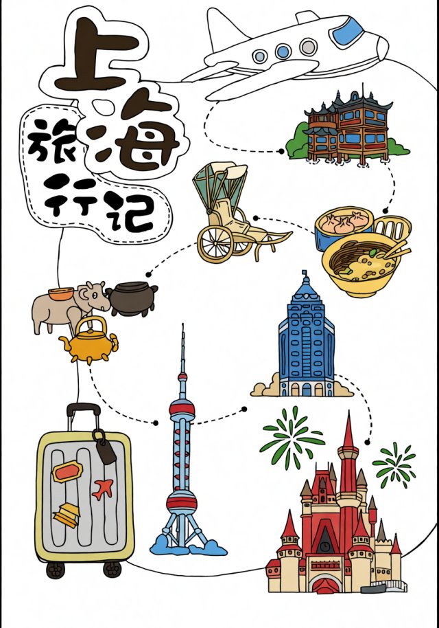 上海旅行记手抄报模板：六年级暑假游记简单又漂亮，含东方明珠、迪士尼元素