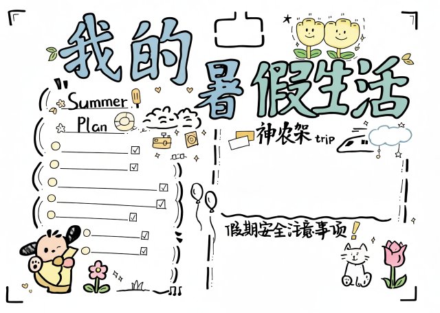 我的暑假生活手抄报简单又漂亮，快乐暑假小报模板，含英语计划与安全提示，适合小学生
