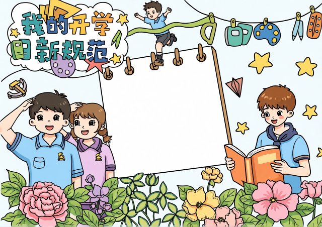 开学新规范手抄报简单又漂亮模板，小学生开学第一课主题小报素材图片