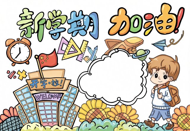 四年级新学期手抄报简单又漂亮，开学加油！新学期新气象小报模板