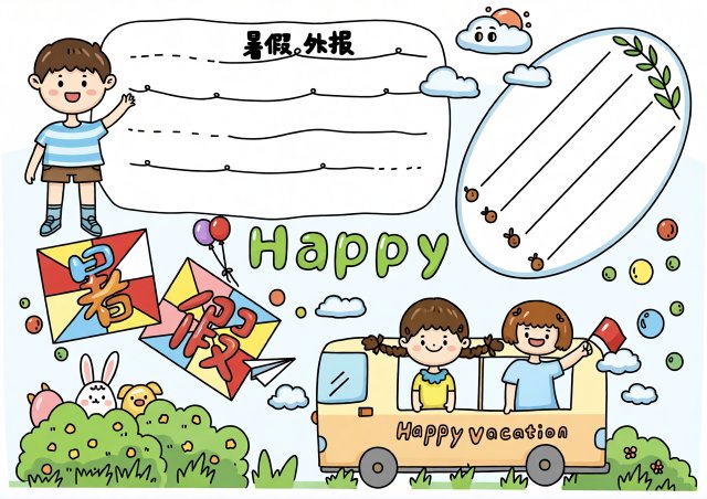 快乐暑假手抄报简单又漂亮模板，开学前必备，适合小学一二三年级学生
