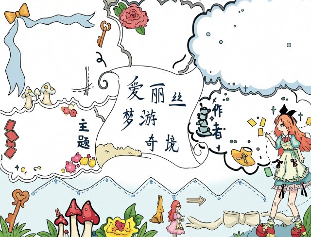 爱丽丝梦游奇境暑假读书小报简单又漂亮五年级语文阅读笔记手抄报模板图片