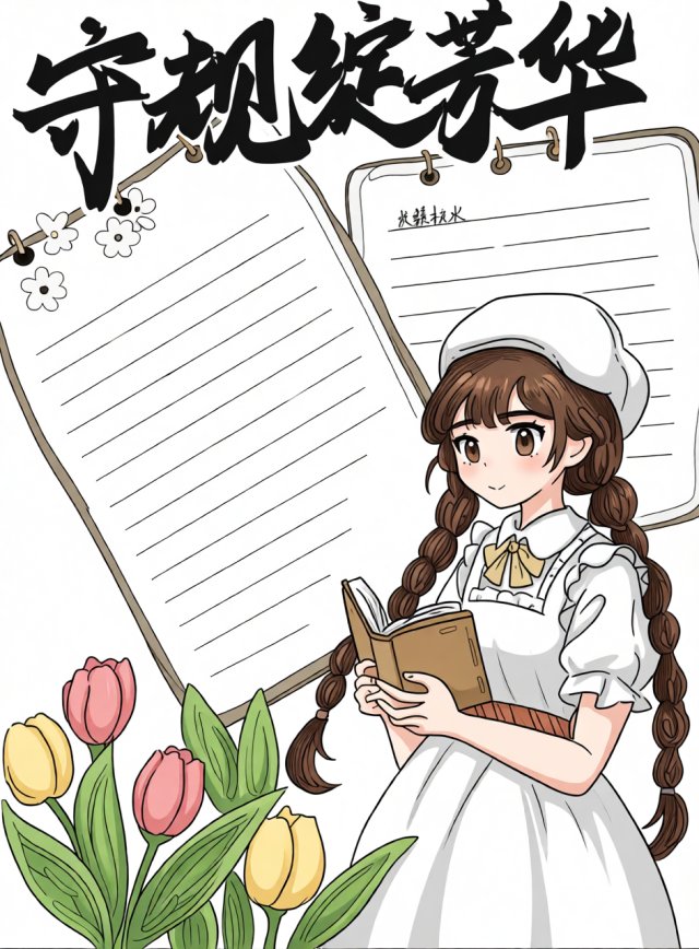 七年级新学期手抄报简单又漂亮模板，守规绽芳华主题，新学期新气象初中生小报