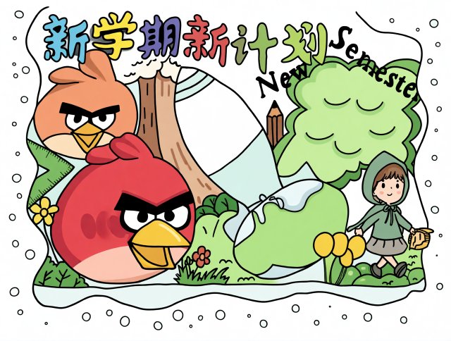 新学期新计划手抄报简单又漂亮-开学季创意小报模板，适合学生填写学习计划与目标