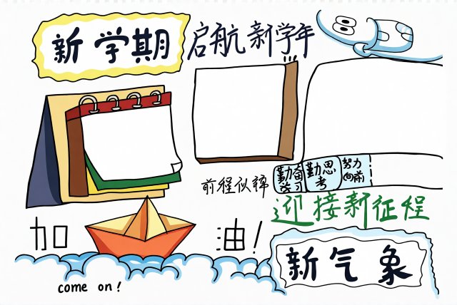 新学期新气象开学小报模板简单又漂亮，开学季手抄报设计，适合小学生开学第一天...