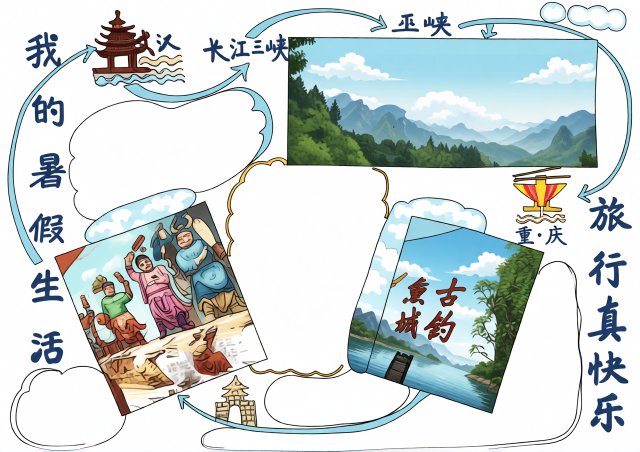 我的暑假生活手抄报简单又漂亮，含重庆旅游与三峡风光，适合小学生暑假作业参考