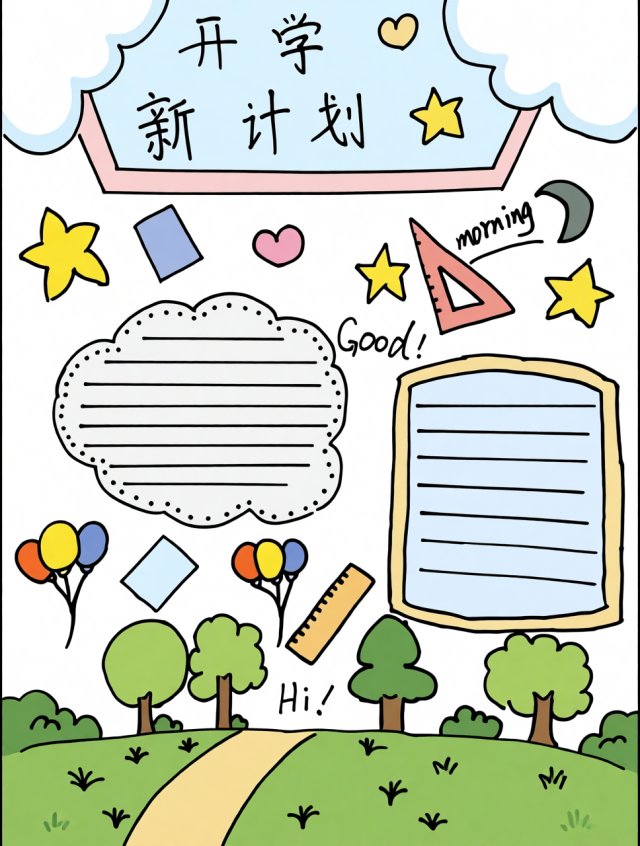 开学新计划手抄报简单又漂亮，新学期目标规划小报模板，适合小学生一二三年级