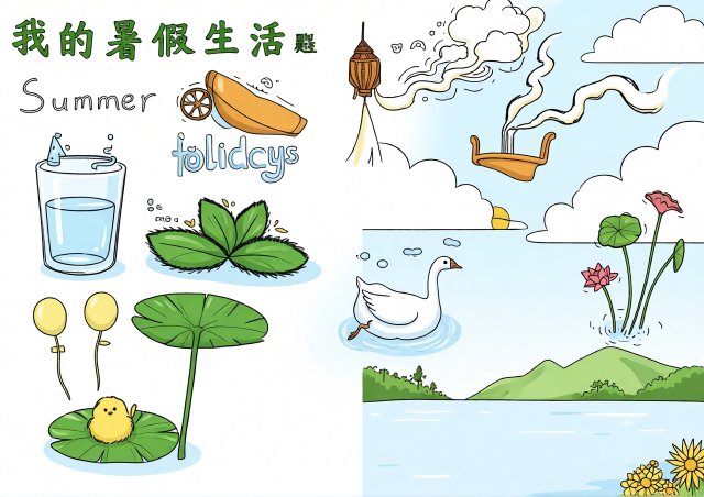 八年级暑假生活英语小报模板：简单又漂亮的手抄报设计，含英文素材和空白区
