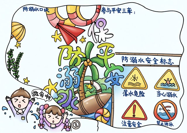 防溺水手抄报简单又漂亮：防溺水安全小报模板，暑期平安三率主题学生作品设计