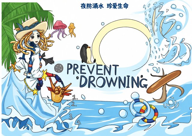 防溺水安全小报模板：夜防溺水珍爱生命简单又漂亮手抄报，适合学生抄写