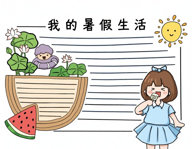 我的暑假生活手抄报简单又漂亮，快乐暑假主题小报模板，适合小学生绘画