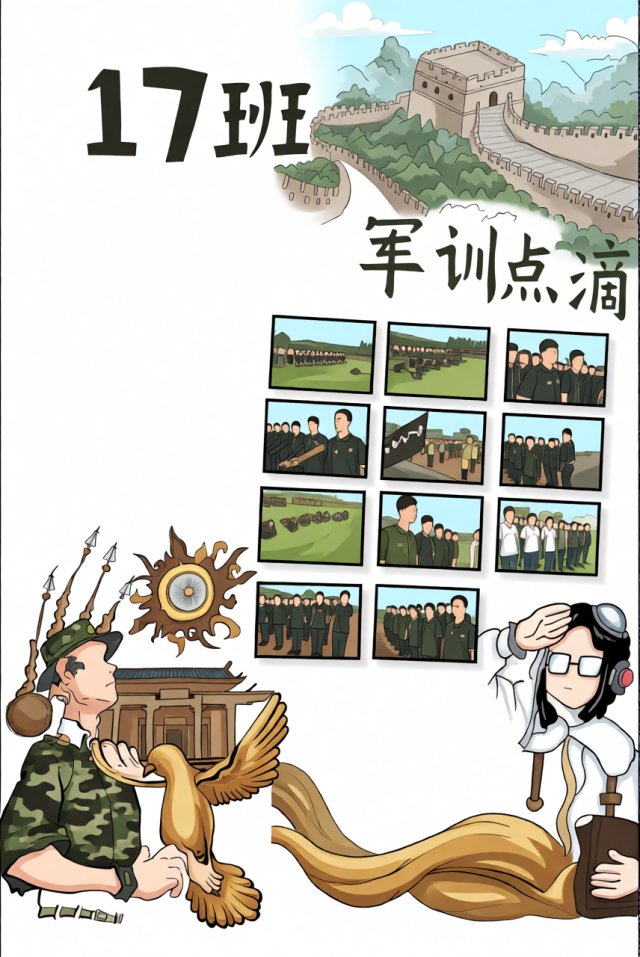 军训手抄报简单又漂亮：17班军训风采，新学期开学军训小报模板图片